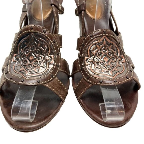 COLE HAAN Brown Chunky Stacked High Heel Genuine Leather Slingback Sandals 7.5 - Picture 2 of 16